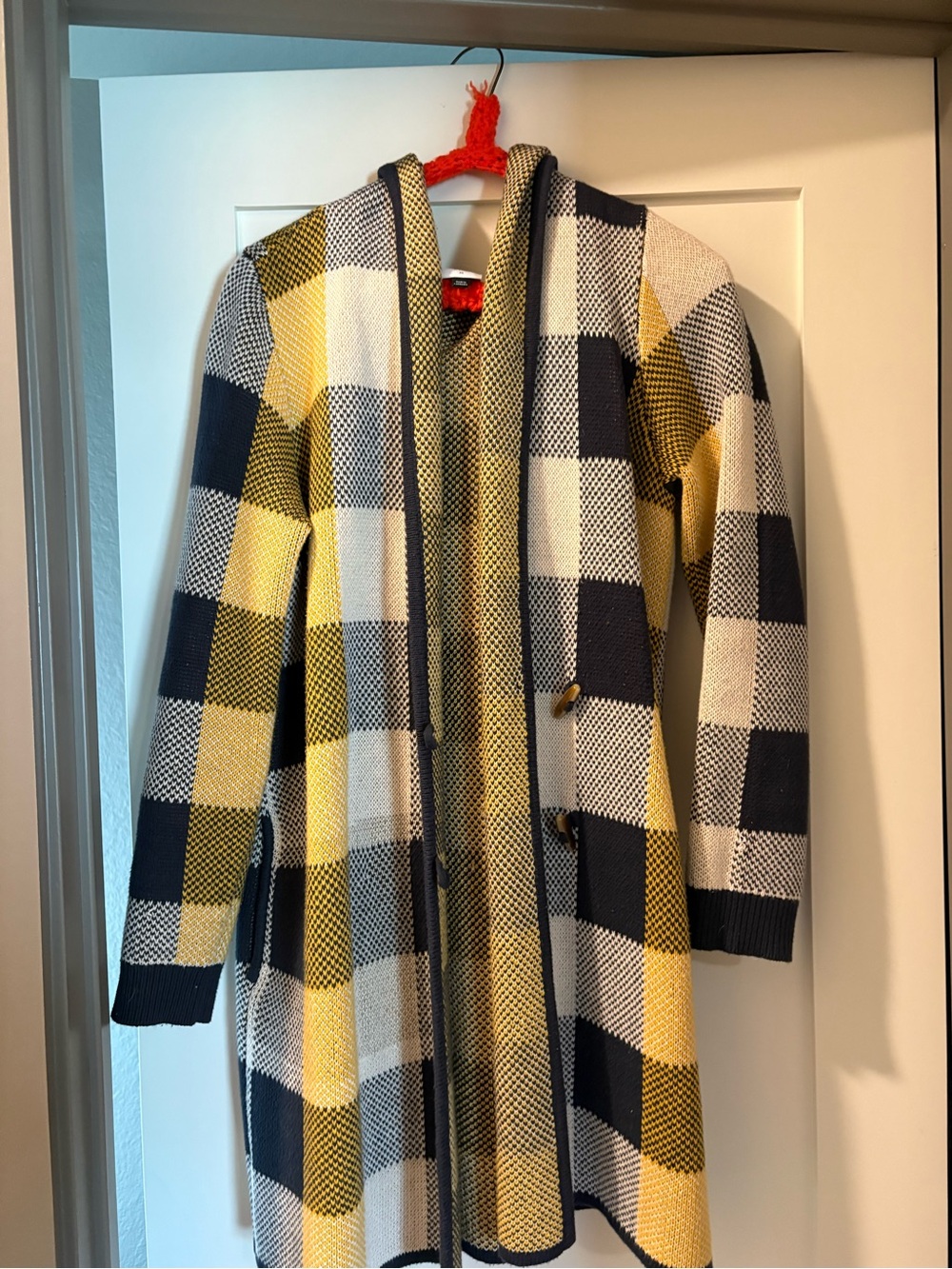 CAbi Yellow, Navy & Cream Plaid Hooded Cardigan